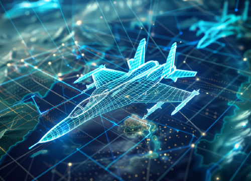 A matrix jet fighter over a digital map as part of the aerospace and defense industry.