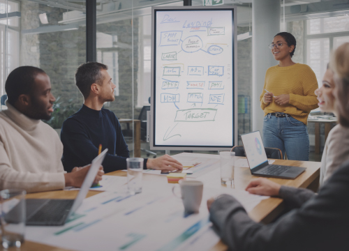 Employees in a conference room watching an presentation and brainstorming.