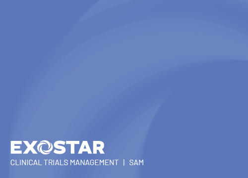 Exostar logo on blue background for clinical trials management - SAM video thumbnail.