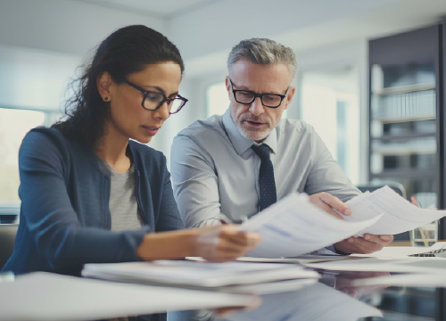 Woman and man collaborating over policies with PolicyPro.